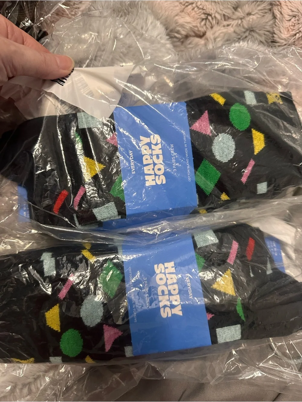 Happy Socks Men’s Black Crew Socks with Multicolor Geometric Shapes